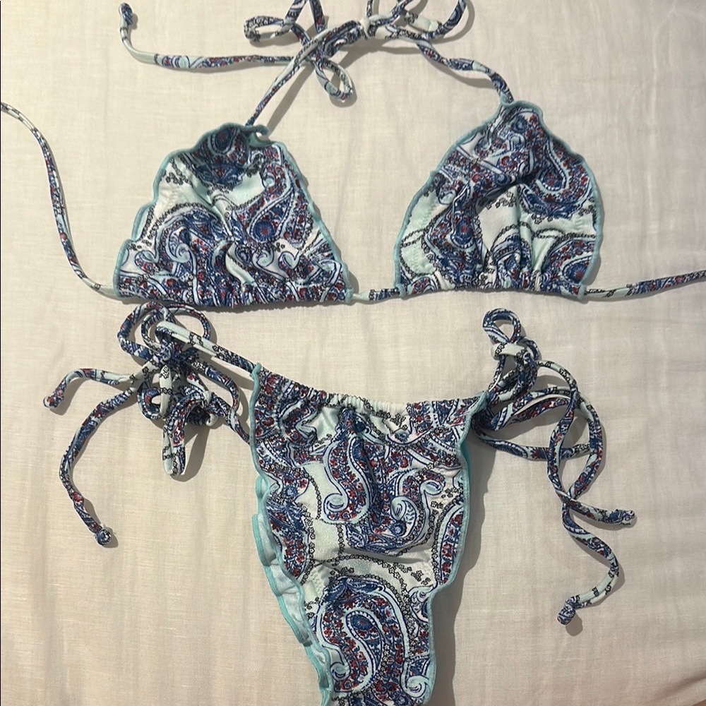 Frankie’s bikinis Paisley Print Tie-Side Triangle Bikini - Light Blue & Navy